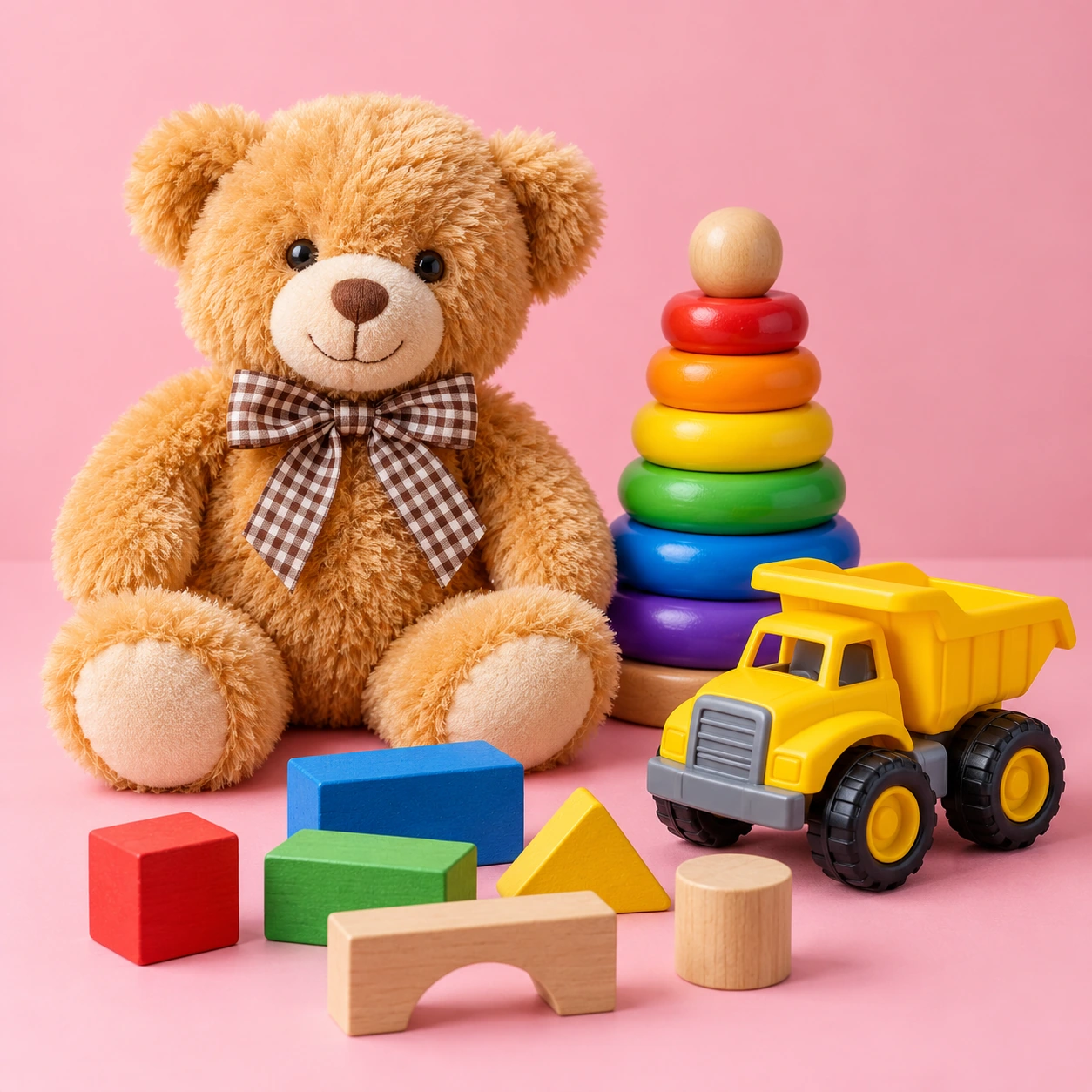 Teddy bear and colorful toys